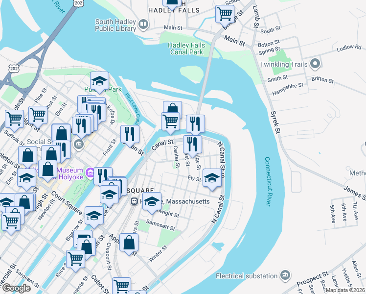 map of restaurants, bars, coffee shops, grocery stores, and more near 9 North East Street in Holyoke