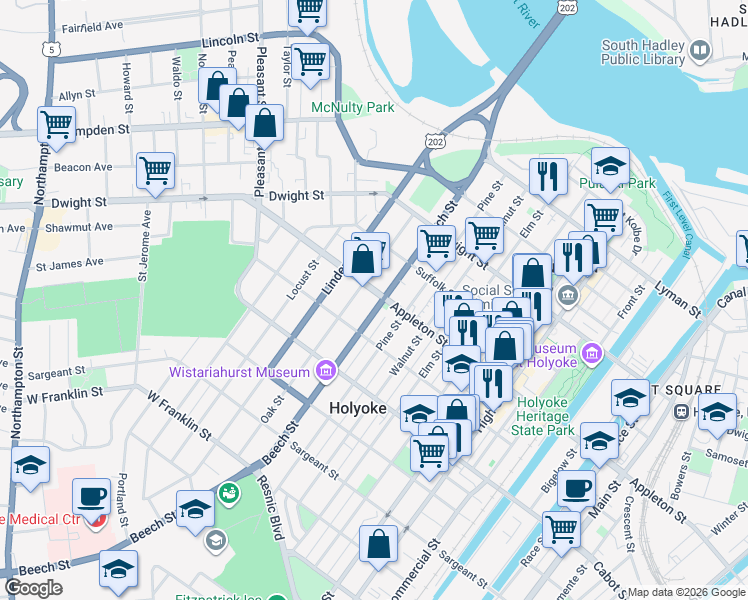 map of restaurants, bars, coffee shops, grocery stores, and more near 197 Pine Street in Holyoke