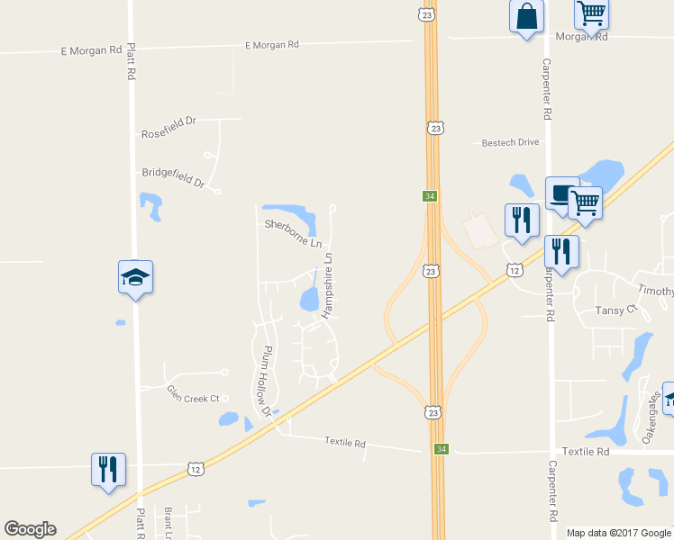 map of restaurants, bars, coffee shops, grocery stores, and more near 5567 Hampshire Lane in Ypsilanti