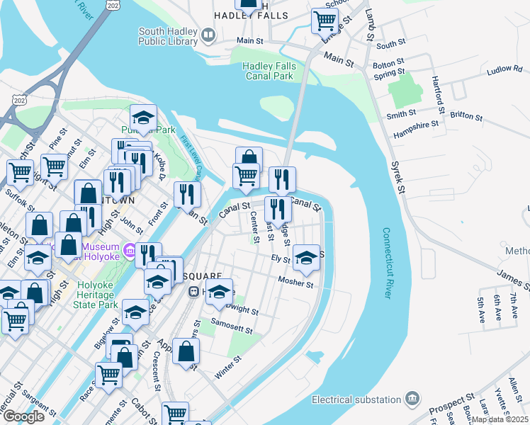 map of restaurants, bars, coffee shops, grocery stores, and more near 67 Lyman Street in Holyoke