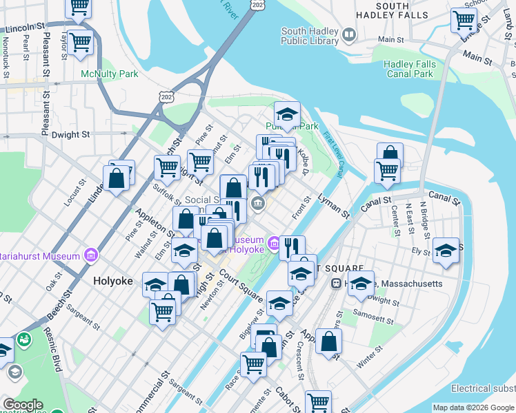 map of restaurants, bars, coffee shops, grocery stores, and more near in Holyoke