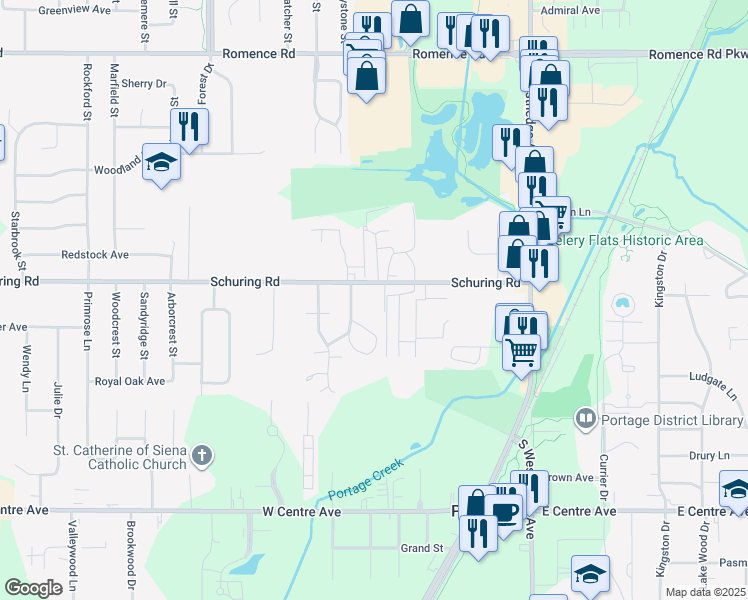 map of restaurants, bars, coffee shops, grocery stores, and more near 7640 Whispering Brook Drive in Portage