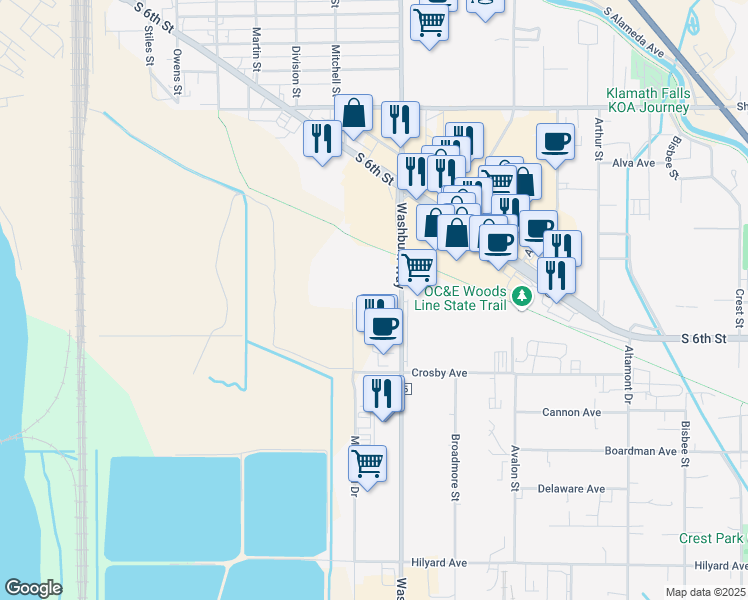 map of restaurants, bars, coffee shops, grocery stores, and more near 2206 Washburn Way in Klamath Falls