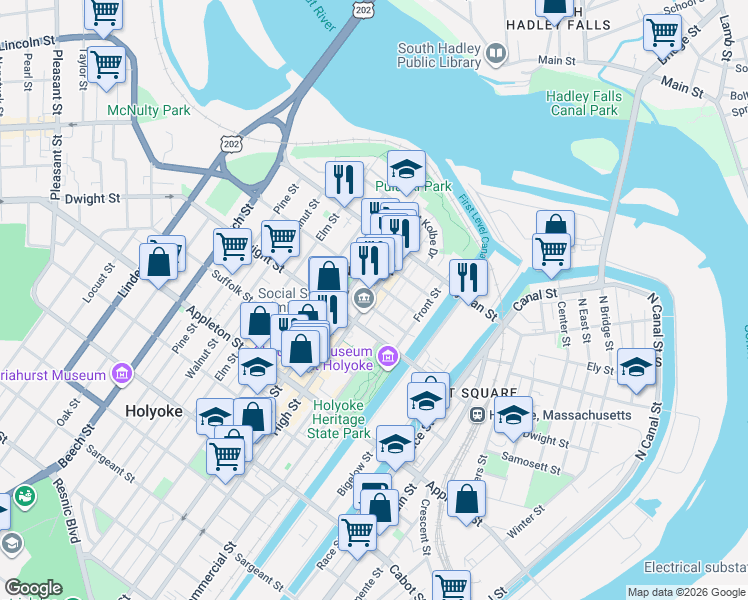 map of restaurants, bars, coffee shops, grocery stores, and more near 141 High Street in Holyoke
