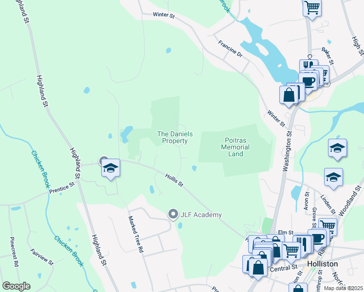 map of restaurants, bars, coffee shops, grocery stores, and more near 47 Fieldstone Drive in Holliston