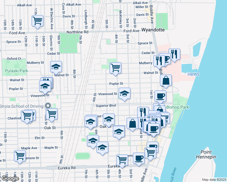 map of restaurants, bars, coffee shops, grocery stores, and more near 421 Poplar Street in Wyandotte