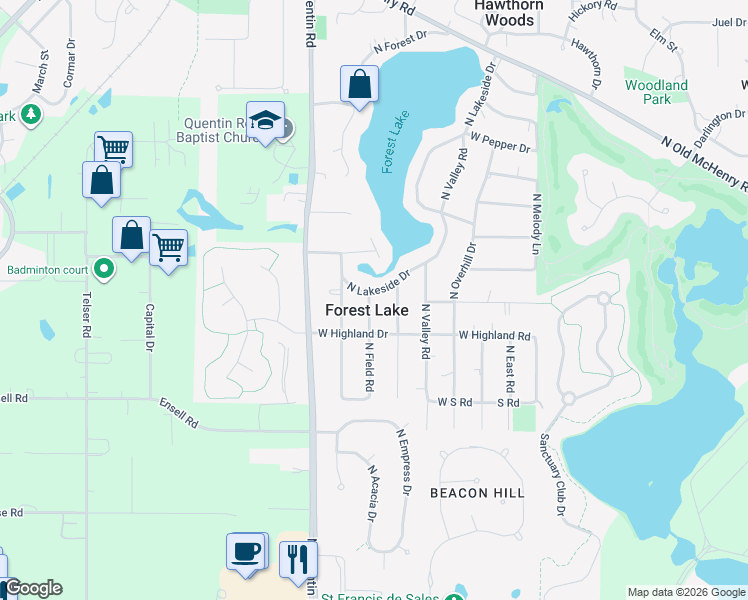 map of restaurants, bars, coffee shops, grocery stores, and more near 23762 North Lakeside Drive in Lake Zurich
