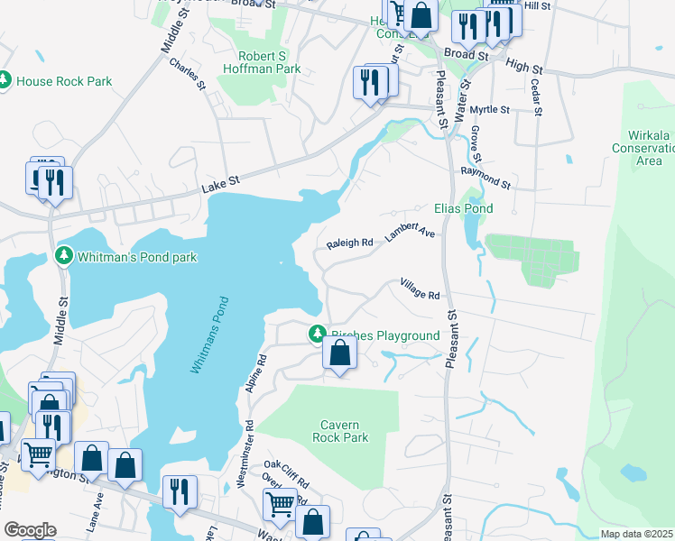 map of restaurants, bars, coffee shops, grocery stores, and more near 78 Raleigh Road in Weymouth