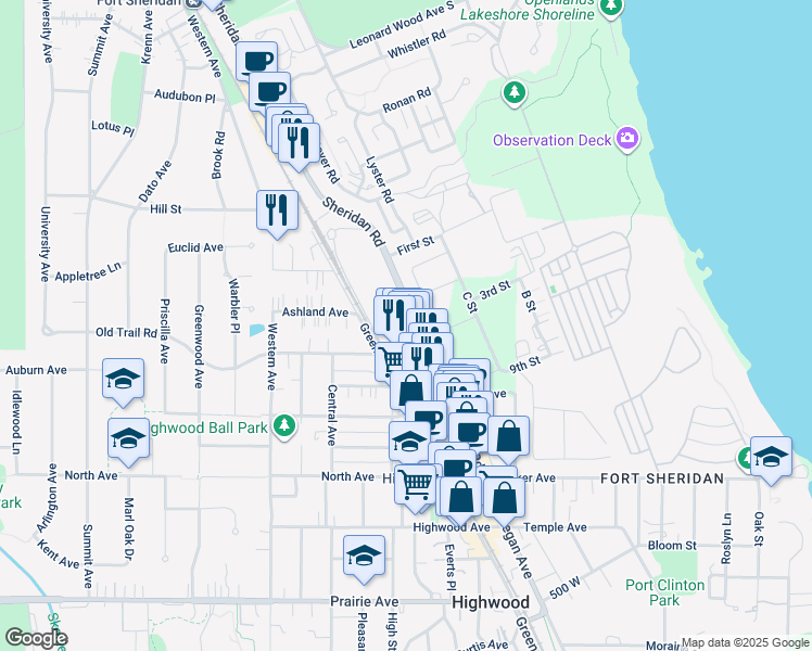 map of restaurants, bars, coffee shops, grocery stores, and more near 612 Sheridan Road in Highwood