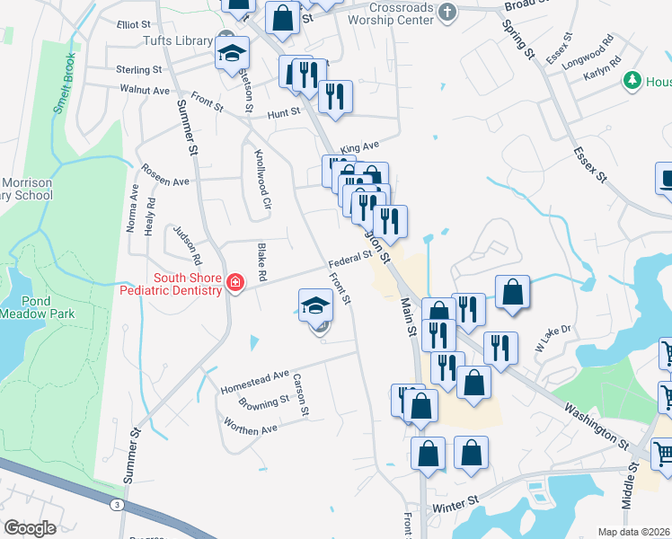 map of restaurants, bars, coffee shops, grocery stores, and more near 328 Front Street in Weymouth