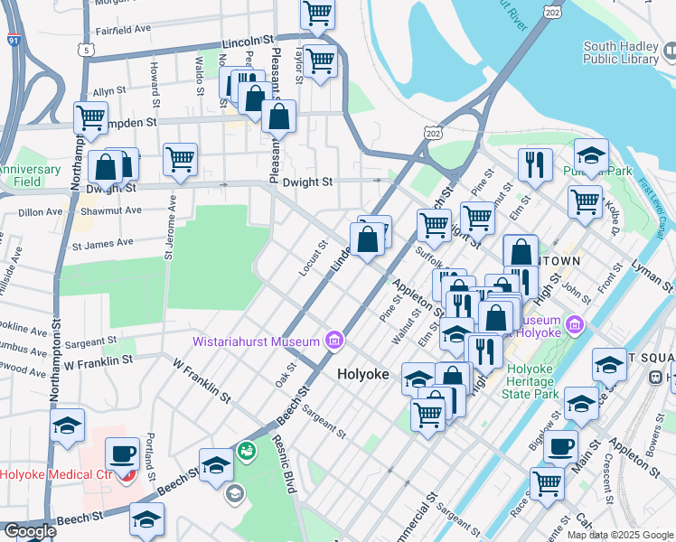 map of restaurants, bars, coffee shops, grocery stores, and more near 156 Linden Street in Holyoke