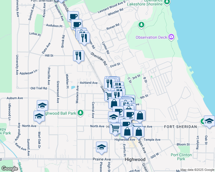 map of restaurants, bars, coffee shops, grocery stores, and more near 618 Sheridan Road in Highwood