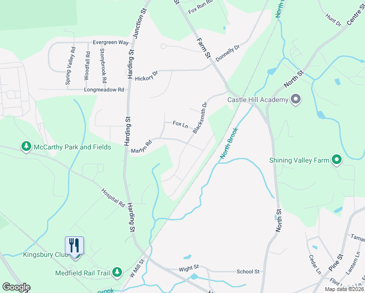 map of restaurants, bars, coffee shops, grocery stores, and more near 47 Blacksmith Drive in Medfield