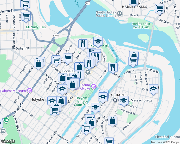 map of restaurants, bars, coffee shops, grocery stores, and more near 145 Hampden Street in Holyoke