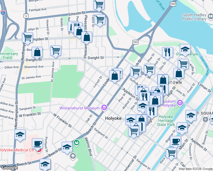 map of restaurants, bars, coffee shops, grocery stores, and more near 461 Appleton Street in Holyoke