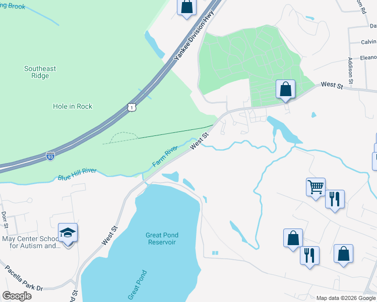 map of restaurants, bars, coffee shops, grocery stores, and more near 830 West Street in Braintree