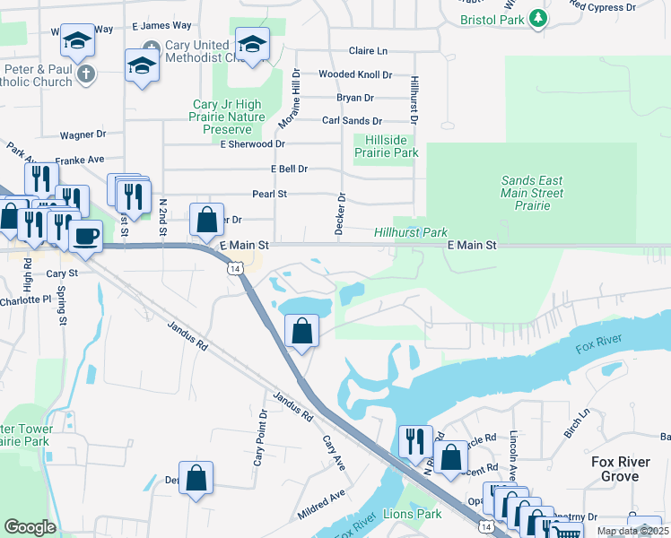 map of restaurants, bars, coffee shops, grocery stores, and more near 65 Northwest Highway in Cary