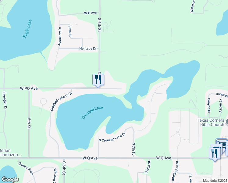 map of restaurants, bars, coffee shops, grocery stores, and more near 85 North Crooked Lake Drive in Kalamazoo