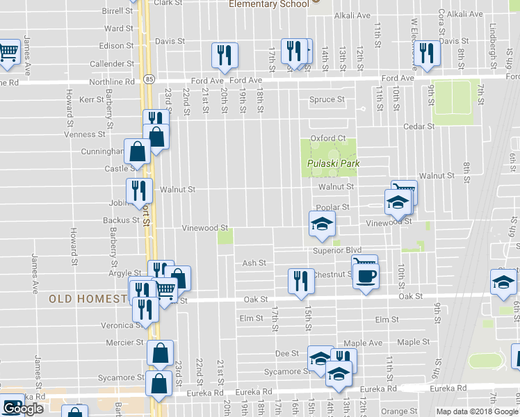 map of restaurants, bars, coffee shops, grocery stores, and more near 2464 18th Street in Wyandotte
