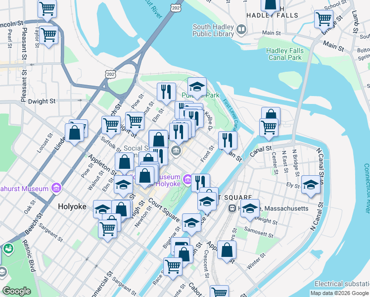 map of restaurants, bars, coffee shops, grocery stores, and more near 134 High Street in Holyoke