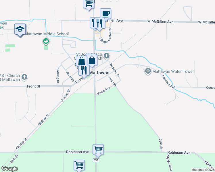 map of restaurants, bars, coffee shops, grocery stores, and more near 23849 Concord Avenue in Mattawan