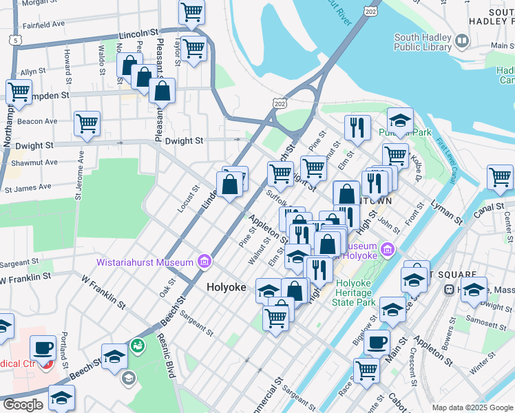 map of restaurants, bars, coffee shops, grocery stores, and more near 171 Pine Street in Holyoke