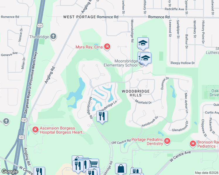 map of restaurants, bars, coffee shops, grocery stores, and more near 3500 Kirkaldy Circle in Portage