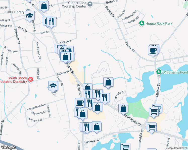 map of restaurants, bars, coffee shops, grocery stores, and more near 5112 Avalon Drive in Weymouth