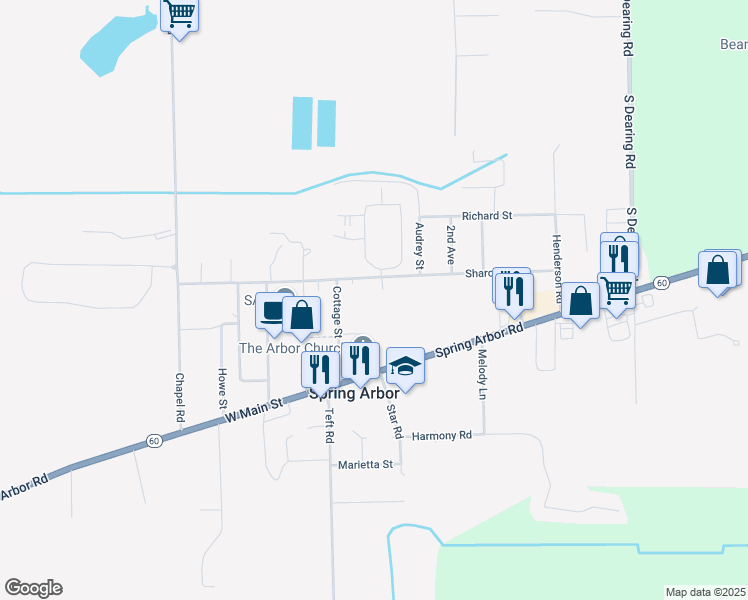 map of restaurants, bars, coffee shops, grocery stores, and more near 151 2nd Street in Spring Arbor