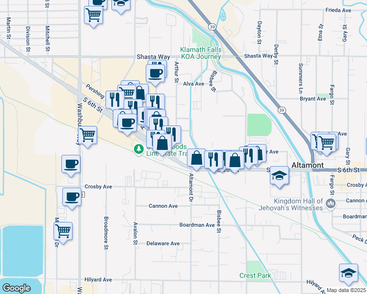 map of restaurants, bars, coffee shops, grocery stores, and more near 2159 Arthur Street in Klamath Falls