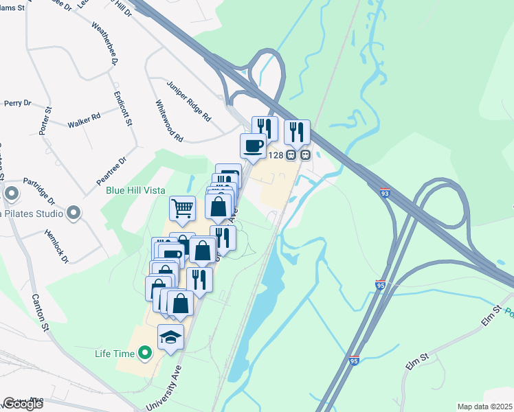 map of restaurants, bars, coffee shops, grocery stores, and more near 505 Blue Hill Drive in Westwood