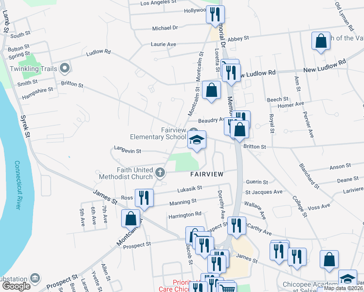map of restaurants, bars, coffee shops, grocery stores, and more near 311 Montcalm Street in Chicopee