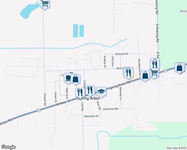 map of restaurants, bars, coffee shops, grocery stores, and more near 151 2nd Street in Spring Arbor