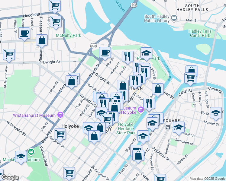 map of restaurants, bars, coffee shops, grocery stores, and more near 650 Dwight Street in Holyoke