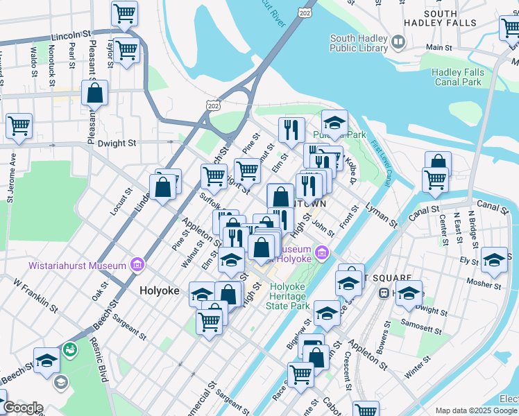 map of restaurants, bars, coffee shops, grocery stores, and more near 650 Dwight Street in Holyoke