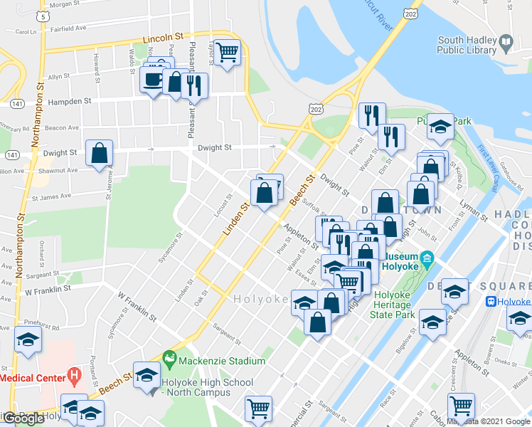 map of restaurants, bars, coffee shops, grocery stores, and more near 446 Appleton Street in Holyoke