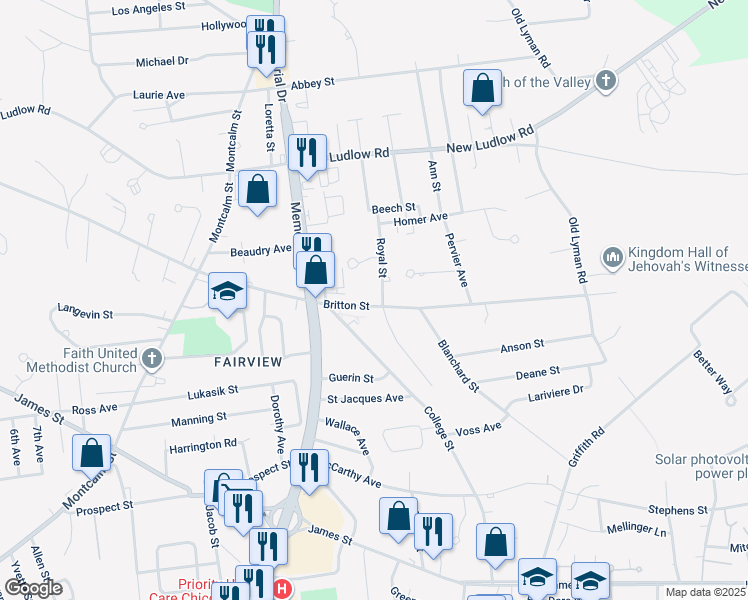 map of restaurants, bars, coffee shops, grocery stores, and more near 84 Royal Street in Chicopee