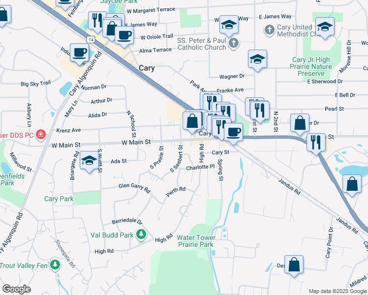 map of restaurants, bars, coffee shops, grocery stores, and more near 303 West Main Street in Cary