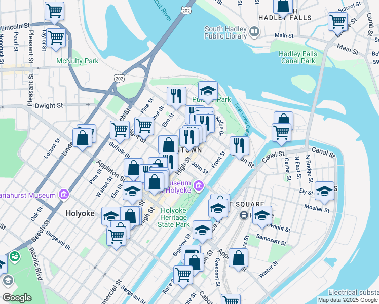 map of restaurants, bars, coffee shops, grocery stores, and more near in Holyoke