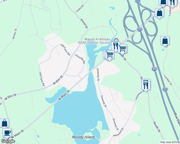 map of restaurants, bars, coffee shops, grocery stores, and more near 175 West Main Street in Hopkinton