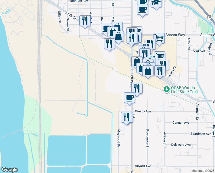 map of restaurants, bars, coffee shops, grocery stores, and more near 2350 Maywood Drive in Klamath Falls