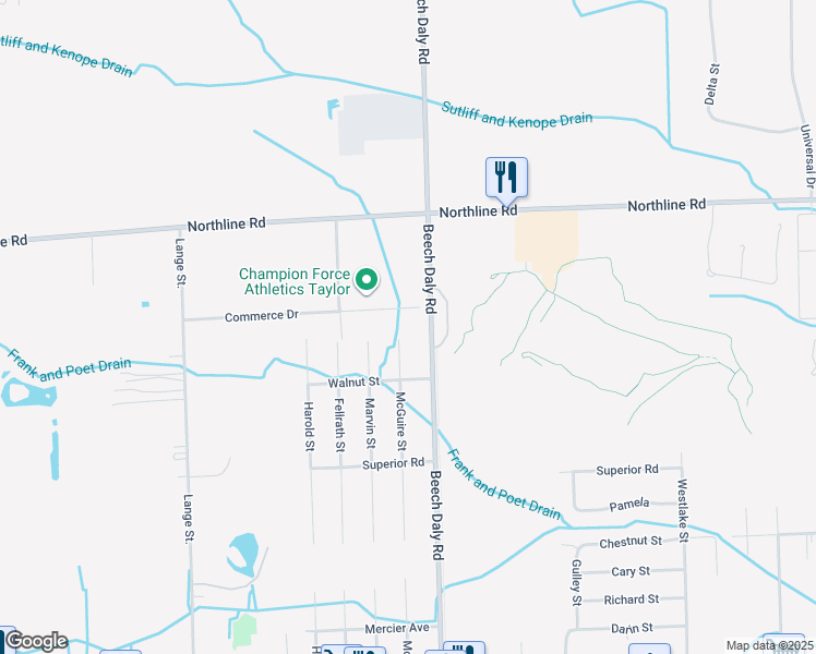 map of restaurants, bars, coffee shops, grocery stores, and more near 25810 Commerce Drive in Taylor