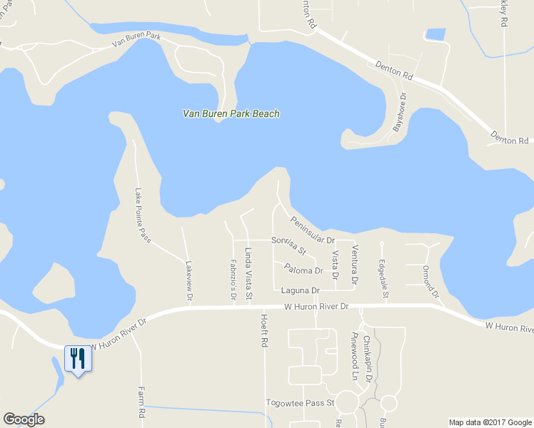 map of restaurants, bars, coffee shops, grocery stores, and more near 12832 Nautica Court in Van Buren Charter Township