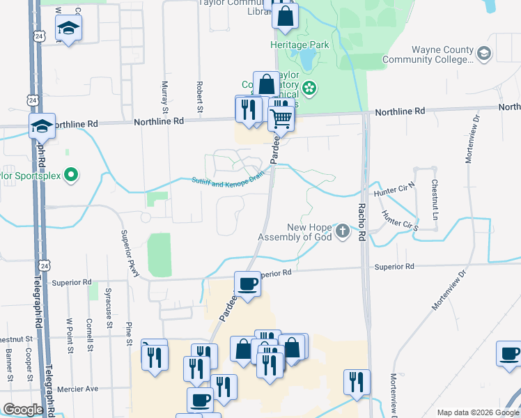map of restaurants, bars, coffee shops, grocery stores, and more near 13450 Pardee Road in Taylor
