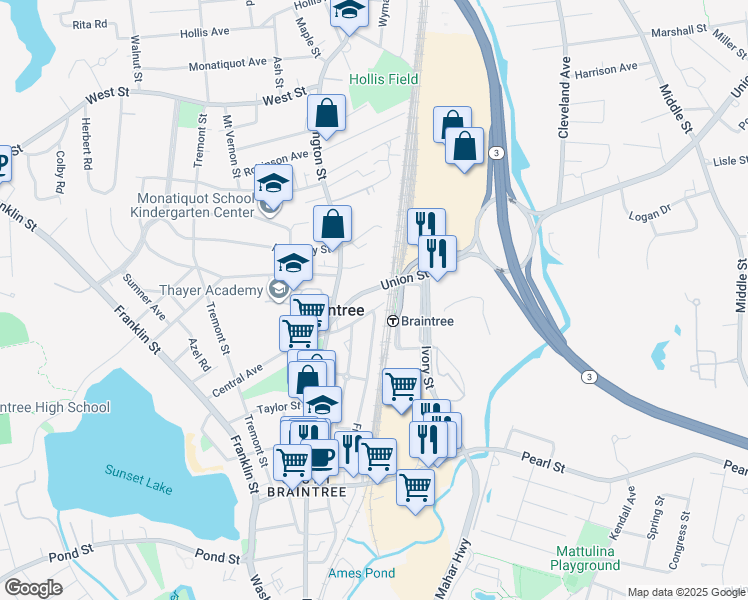 map of restaurants, bars, coffee shops, grocery stores, and more near 714-726 Washington Street in Braintree