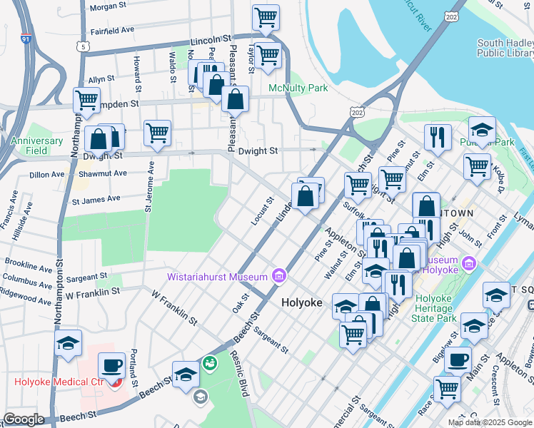 map of restaurants, bars, coffee shops, grocery stores, and more near 476 Appleton Street in Holyoke