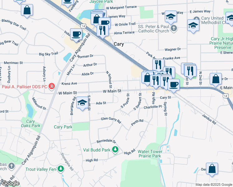 map of restaurants, bars, coffee shops, grocery stores, and more near 444 West Main Street in Cary