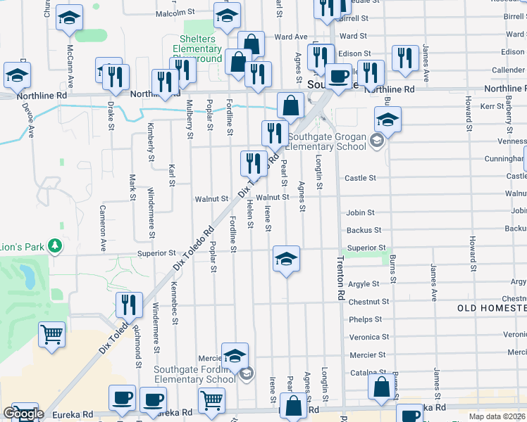 map of restaurants, bars, coffee shops, grocery stores, and more near 13633 Irene Street in Southgate