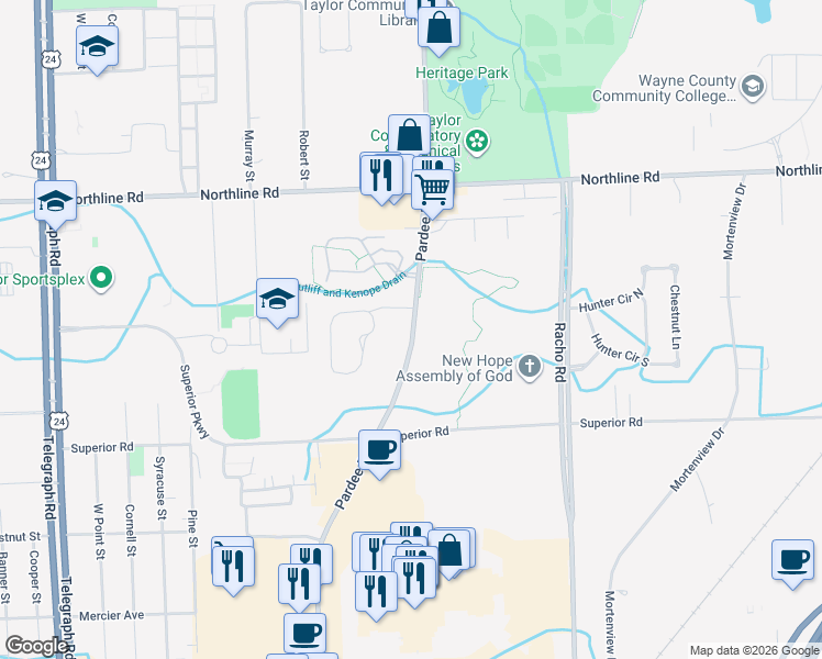 map of restaurants, bars, coffee shops, grocery stores, and more near 13450 Pardee Road in Taylor