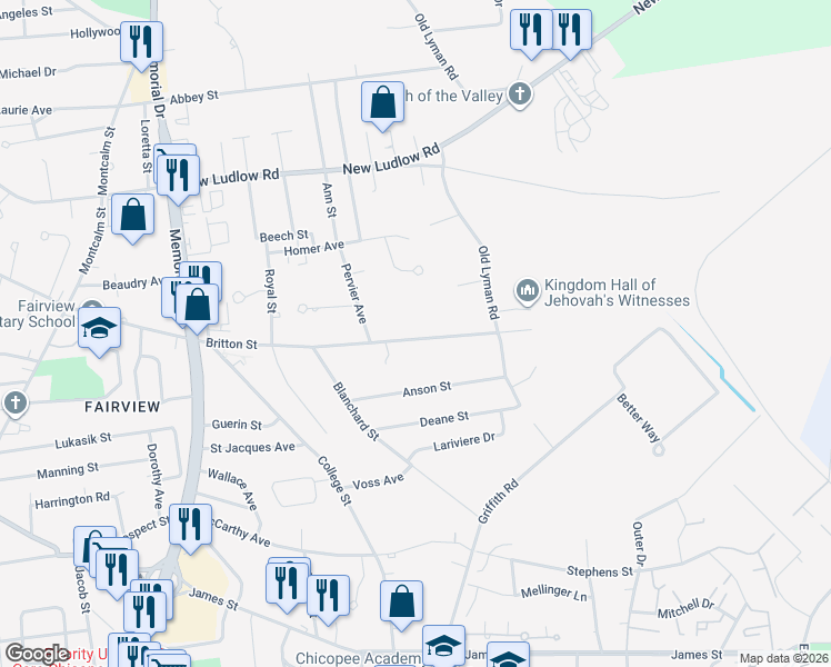 map of restaurants, bars, coffee shops, grocery stores, and more near 696 Britton Street in Chicopee